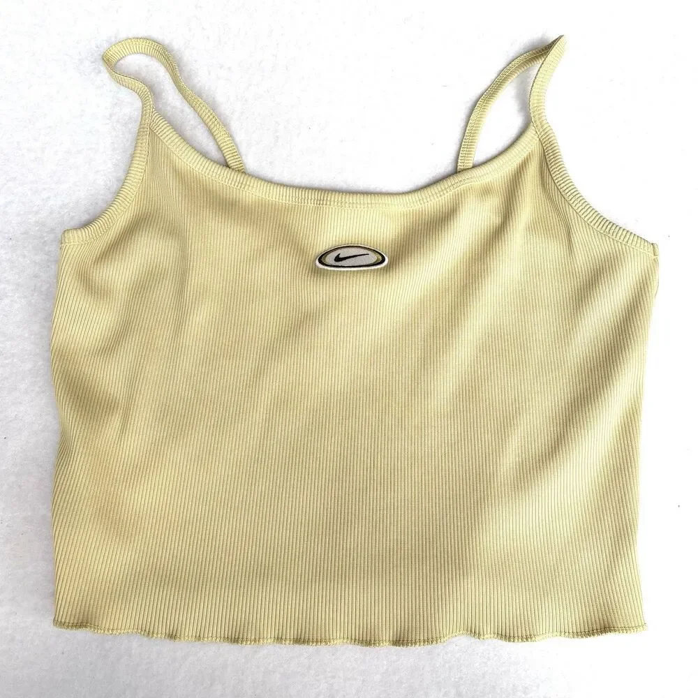 NIKE Ribbed Tank Cami Top Size S Yellow Cropped Lettuce Hem Center Swoosh